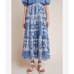 Maeve Anthropologie Ariadne Embroidered Maxi Skirt Lined Blue White Women's Sz S